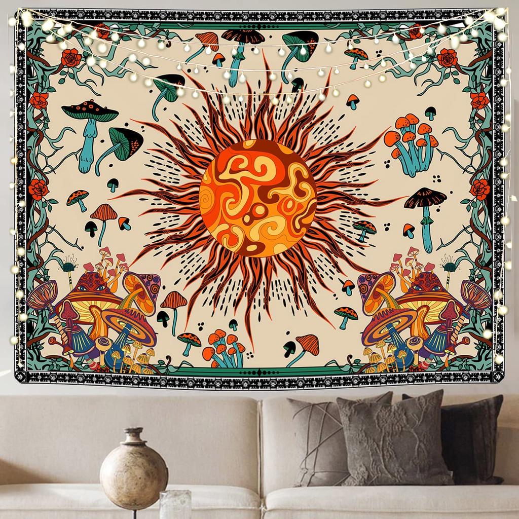 Burning Sun Tapestry Vintage Floral Psychedelic Mushroom Room Decor Aesthetic Plants And Leaves Tapestries Mystic Hippie Cloth