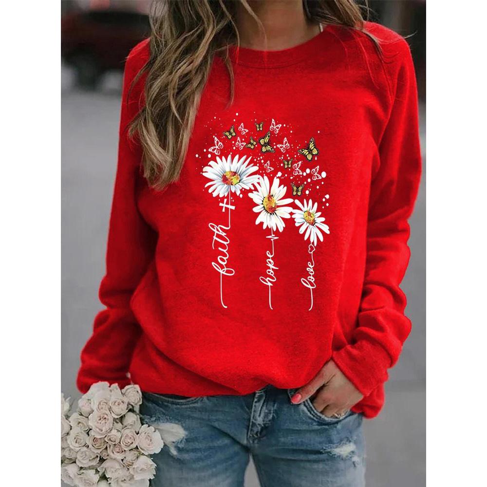 Зимние женские топы с принтом ромашки, женская Повседневная толстовка с круглым вырезом и длинными рукавами, блузка больших размеров