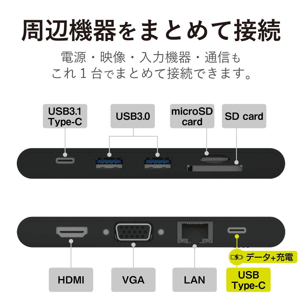 Док-станция ELECOM с поддержкой PD, 2 порта USB, слоты для SD и microSD, черный, DST-C05BK, USB-C (2 Type-C, 3.0, HDMI, D-sub, LAN, Слоты),