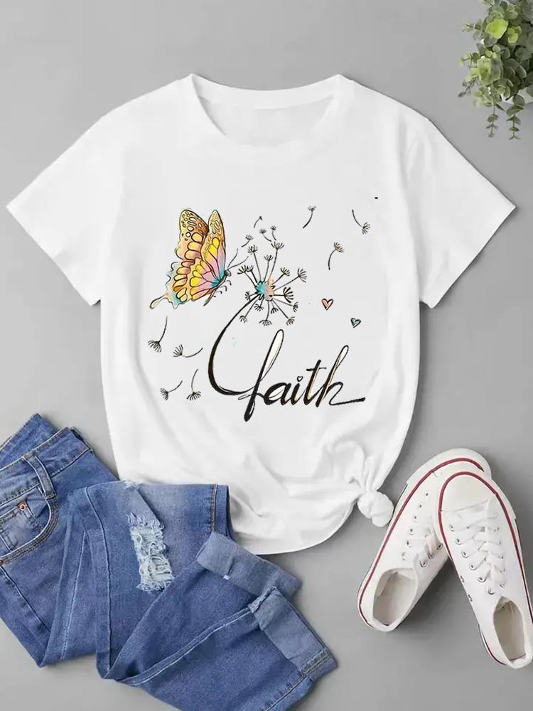 (Азиатский размер) Женская модная футболка Faith Love Trend, милый стиль, модная футболка с короткими рукавами, одежда с принтом, женская повседневная футболка, женские футболки с графикой