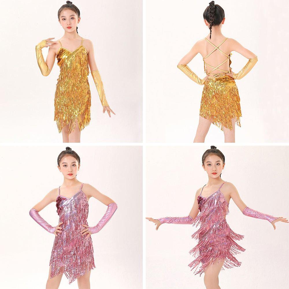 With Gloves Jazz Dance Dress Sparkly Sequins Ballroom Dance Dress Children Girls