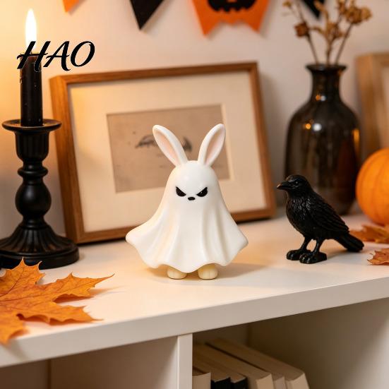 Durable PLA Craft Halloween Ghost Figurine, 3D Printed Cute Statue with Rabbit Small Desktop Ornament Ear, Spooky Decoration for Home, Shelf,