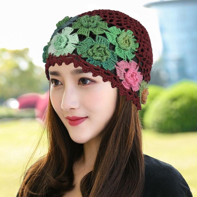 Женский вязаный вручную тюрбан с цветком, однослойная ажурная сетка, градиентный цвет, элегантный, художественный, этнический стиль, ажурная шапка