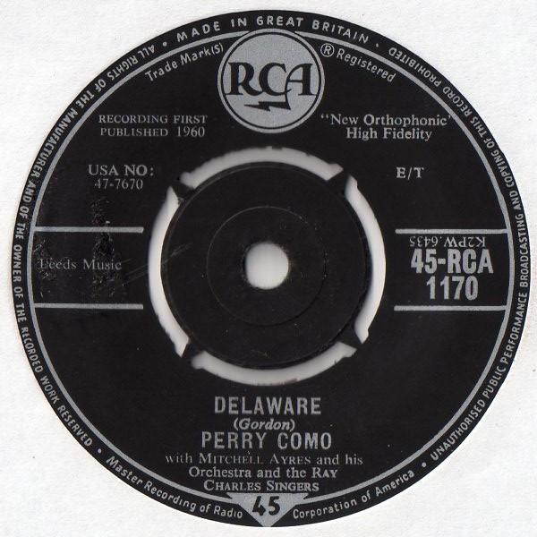 7-дюймовая пластинка PERRY COMO Delaware RCA477670 1960 UK Поп Б/у