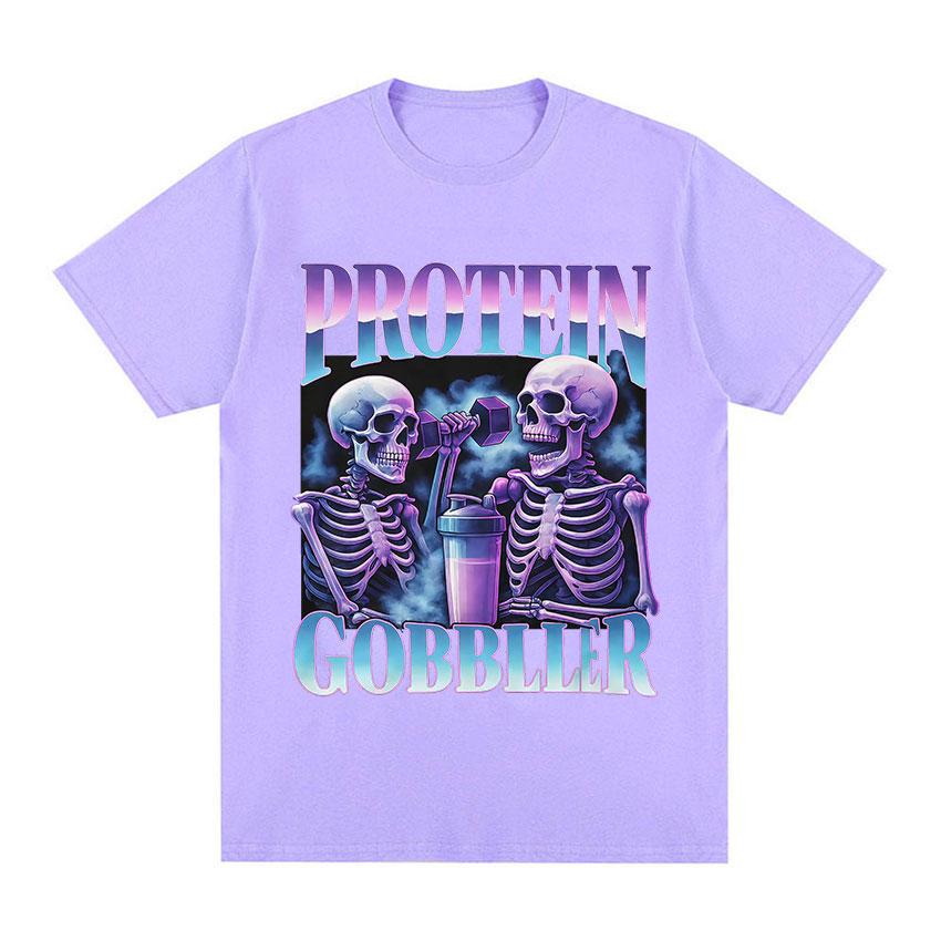 Protein Gobbler Gym TShirt Funny Skeleton Fitness Weightlifting Meme Graphic TShirt Unisex Women Fashion High Quality Cotton Tees