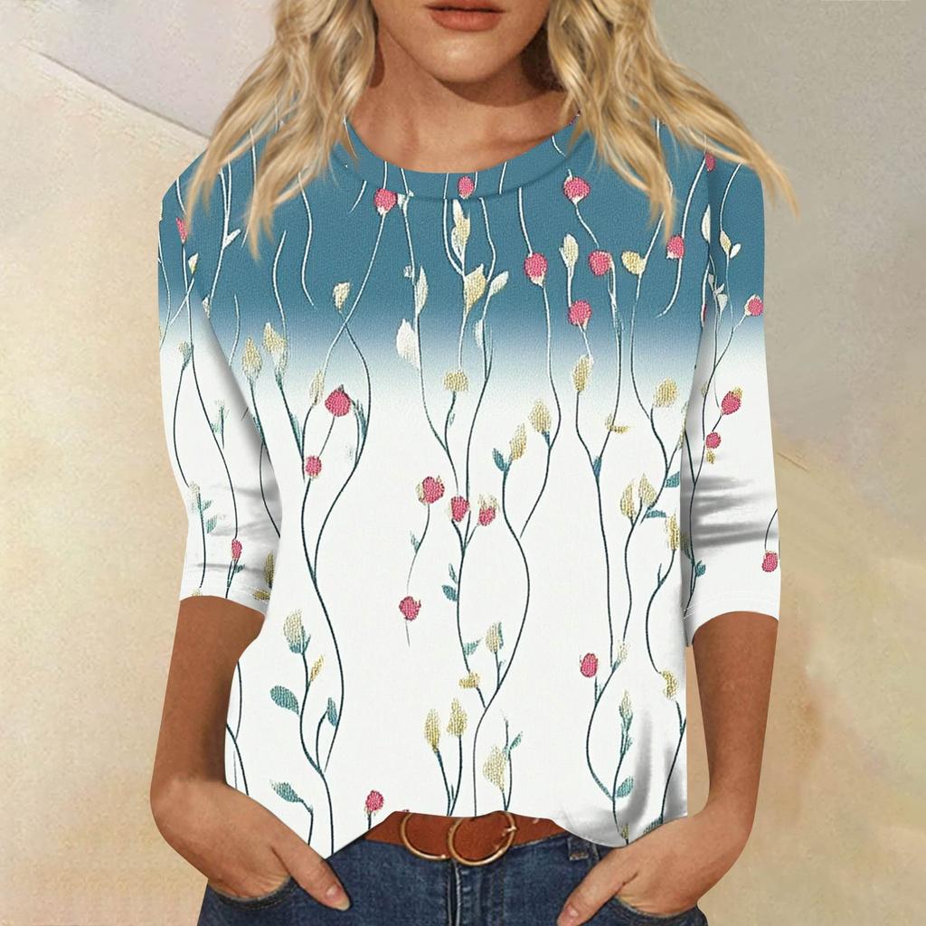 Женская модная повседневная футболка с рукавом семь восьмых, принтом и круглым вырезом