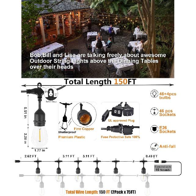 Achin Outdoor String Lights 150 Feet LED Waterproof Patio Lights with 50 Shatterproof Dimmable Warm Edison Bulbs String Lights for Outdoor Gazebo