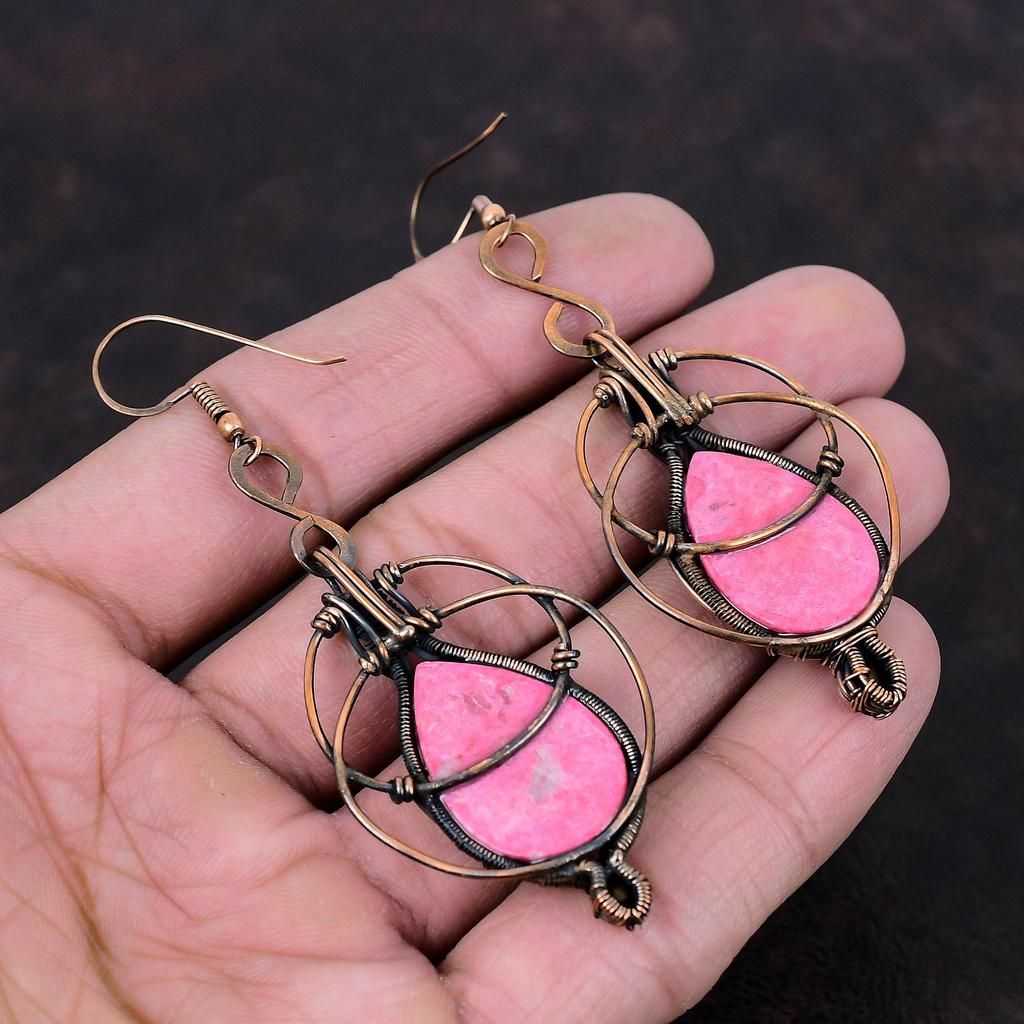 Серьги из тулита, серьги из медной проволоки, элегантные серьги, медные украшения, серьги ручной работы из натурального драгоценного камня, ювелирные изделия из проволочной обмотки для подарка