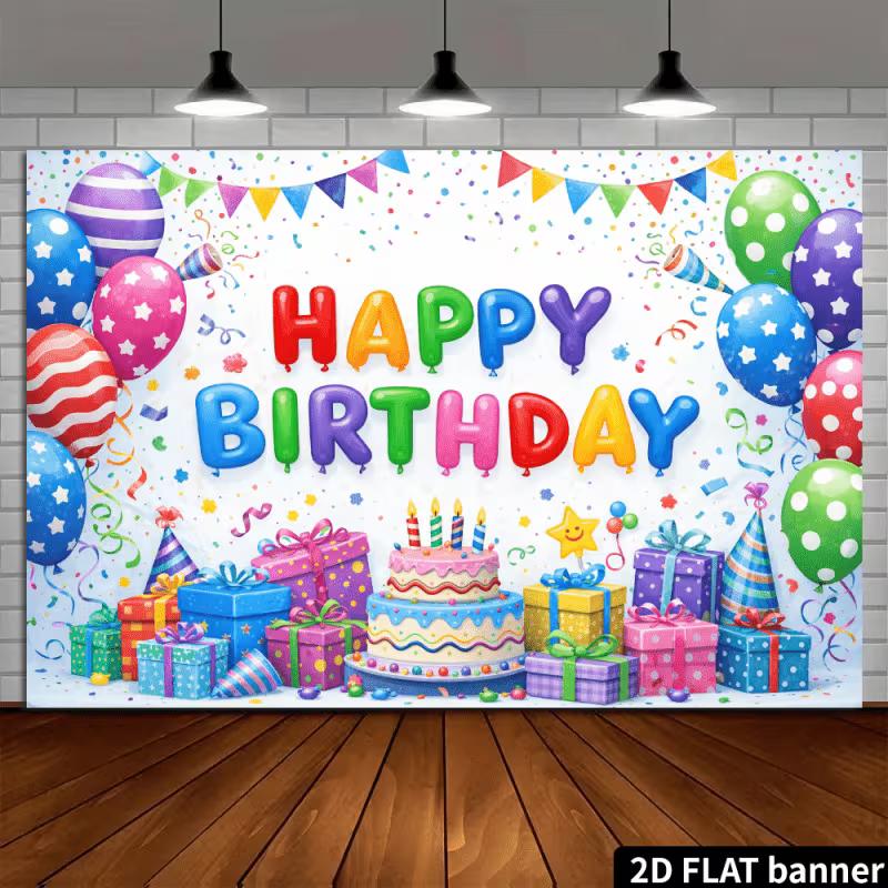 2D Rainbow Confetti Happy Birthday Backdrop Banner for Children Party Supplies