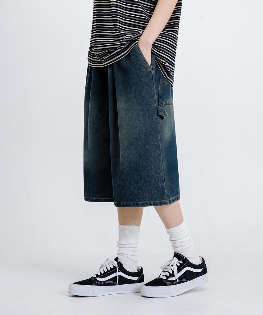 LEMAIN SECOND Bermuda Wide One-Pleat Carpenter Washed Denim Banding Shorts [Yellow Wash]