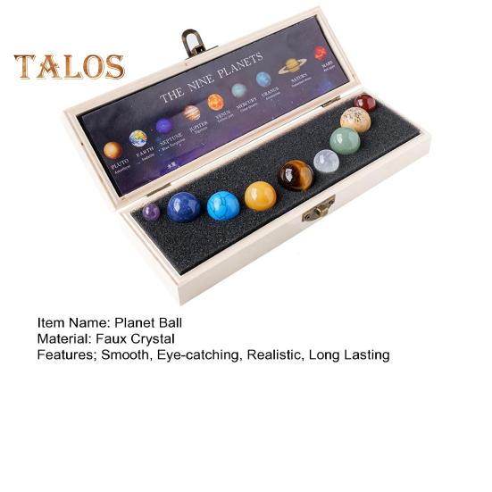Faux Crystal 9 Planets Ball Solar Sun System Rock with Wooden Box Realistic Looking Quartz Stones Beads Desktop