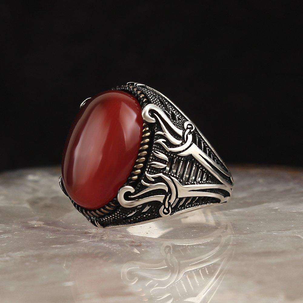 Kırmızı AkikTaşlı Kılıç Model 925 Sterling Silver Man Ring