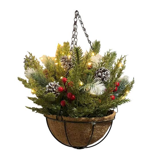 Рождественские подвесные корзины для улицы Предварительно освещенная искусственная корзина со светодиодными огнями Сосновые шишки Ягоды для праздничного декора крыльца и сада
