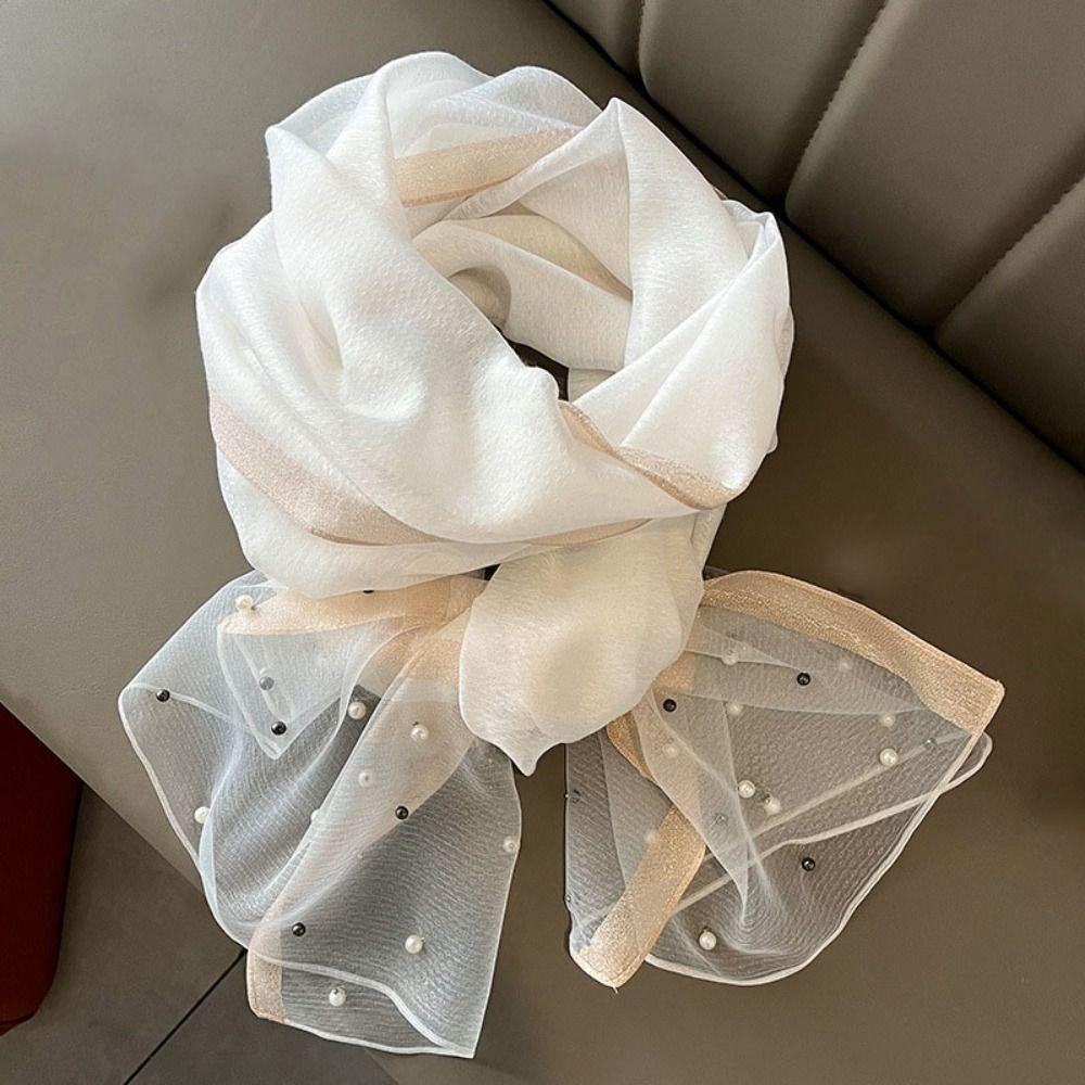 90x90cm Luxury Silk Scarf Pearl Beach Shawl Women Pearl Scarf