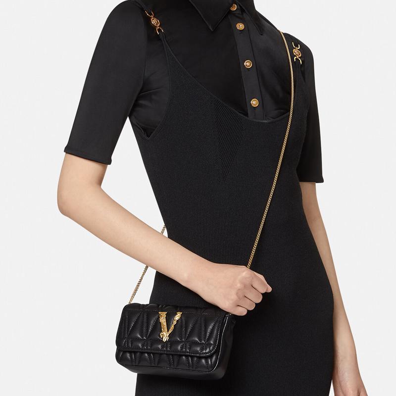 Versace Virtus Naplak Классический Логотип Золотая Отметка Прошитая Цепочка Стеганая Для Поездок Кожаная Сумка Через Плечо Мини Женские сумки Черный DBFI002-D2NTRT-DNMOV