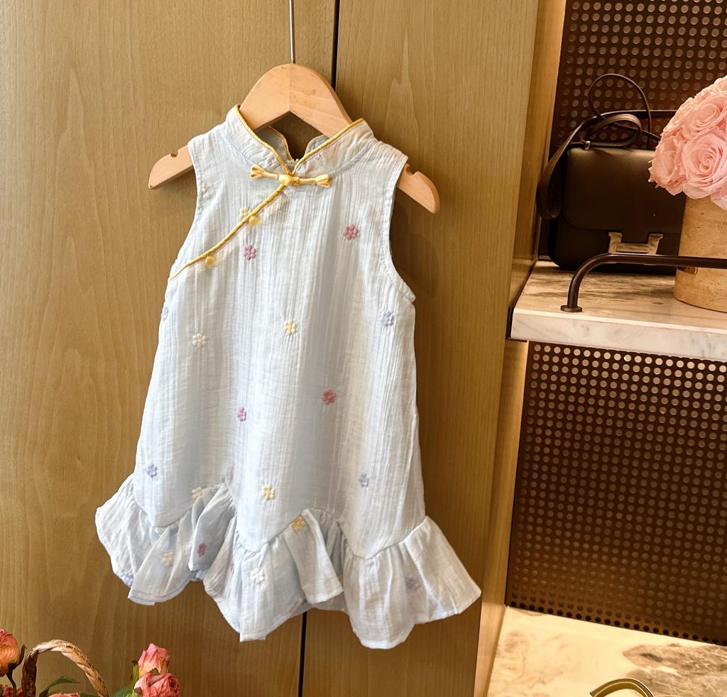 Summer Girls Chinese Embroidered Sleeveless Dress With Ruffles And Frog Buttons Princess Party Dress For Kids