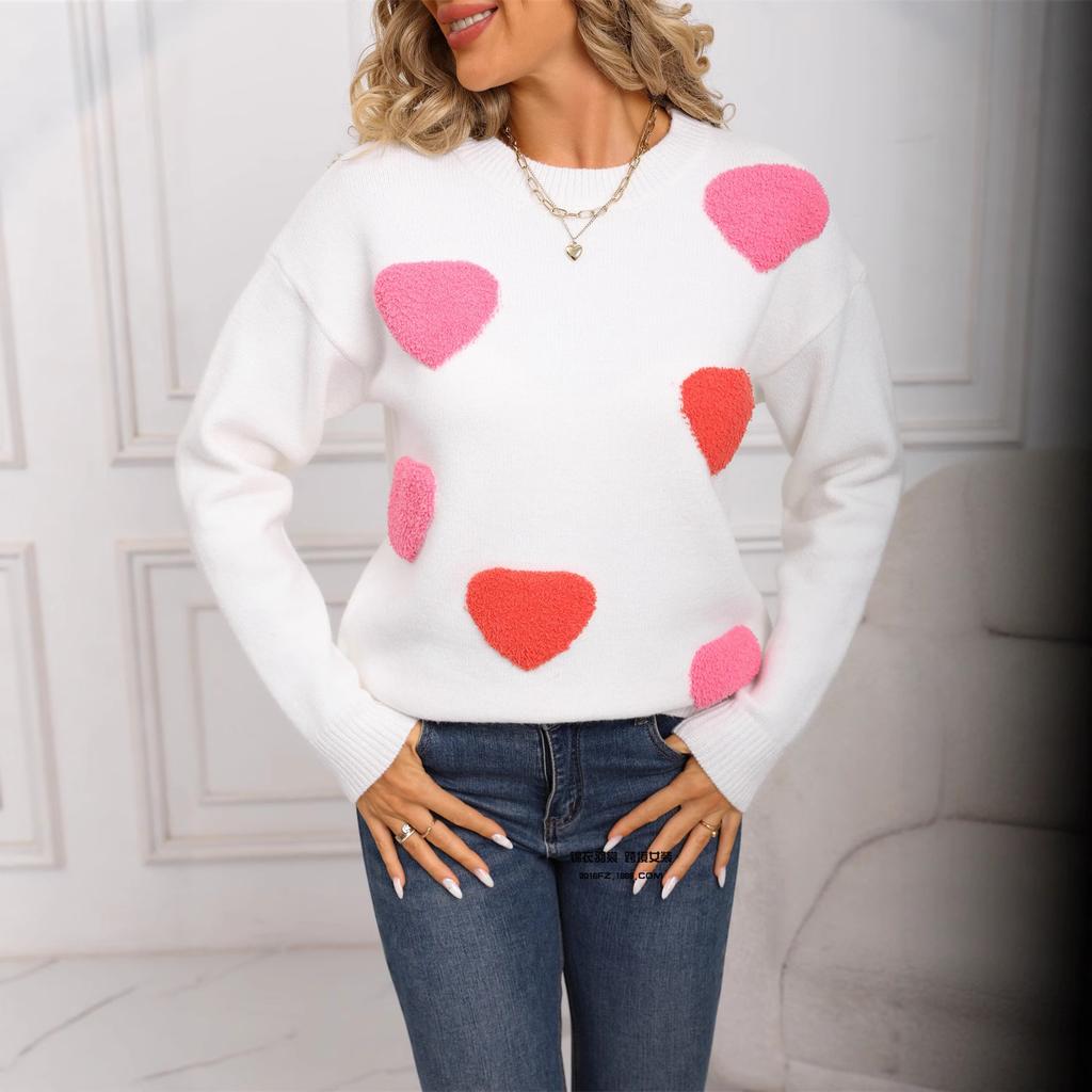 Новый женский вязаный свитер большого размера с круглым вырезом и контрастным цветом для Дня святого Валентина