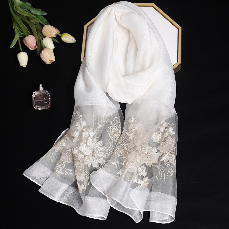 Luxury Silk Shawl Scarf for Women Design Embroidery Flowers Hijab Wraps Bufandas Female Headkerchief Fouloud Echarpe