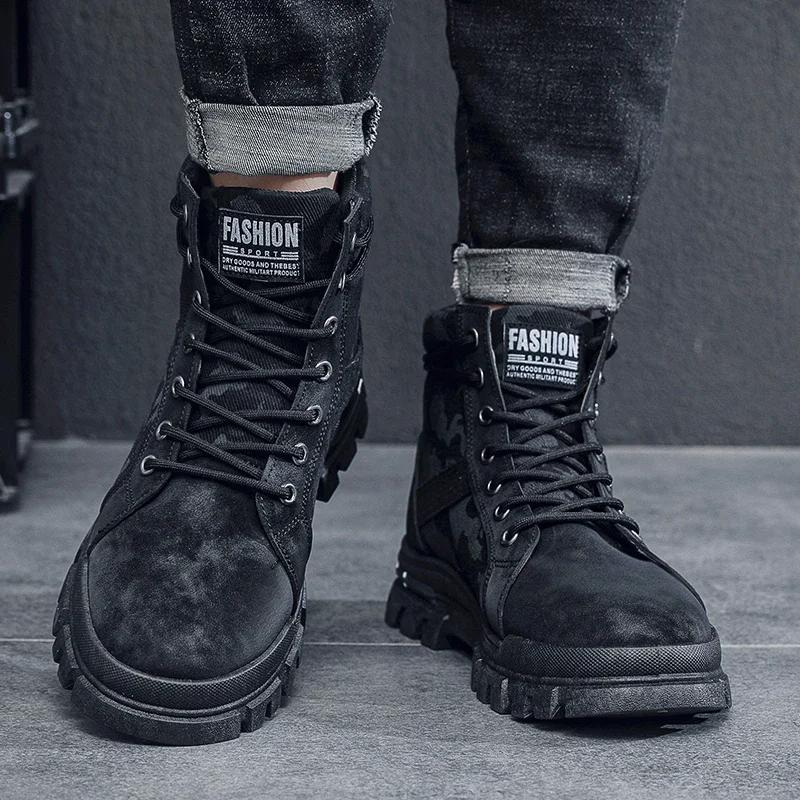 Мужские высокие ботинки на плоской подошве, легкие походные ботинки для улицы, черные походные ботинки, кроссовки для бега, тенниса, ходьбы, мотоциклетные