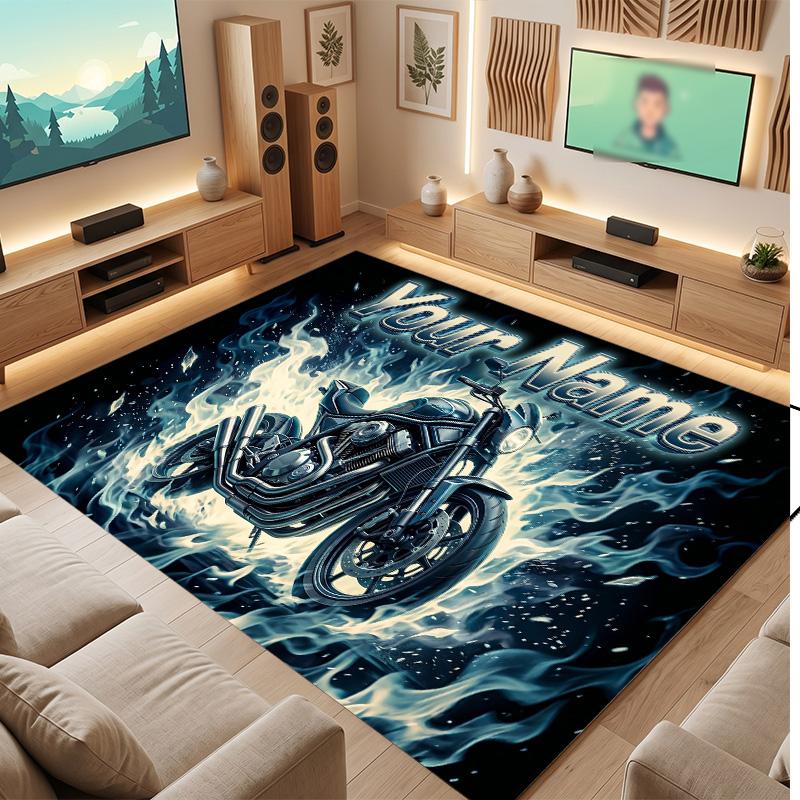 Motorcycle Biker Theme Soft Crystal Velvet Rug Custom Name & Text Print Non Slip Floor Rug for Bedroom Living Room