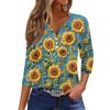 Women's Fashion Casual Floral Print V-Neck Decorative Button Three-quarter Sleeve T-Shirt Top