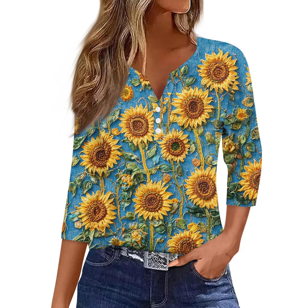 Women's Fashion Casual Floral Print V-Neck Decorative Button Three-quarter Sleeve T-Shirt Top