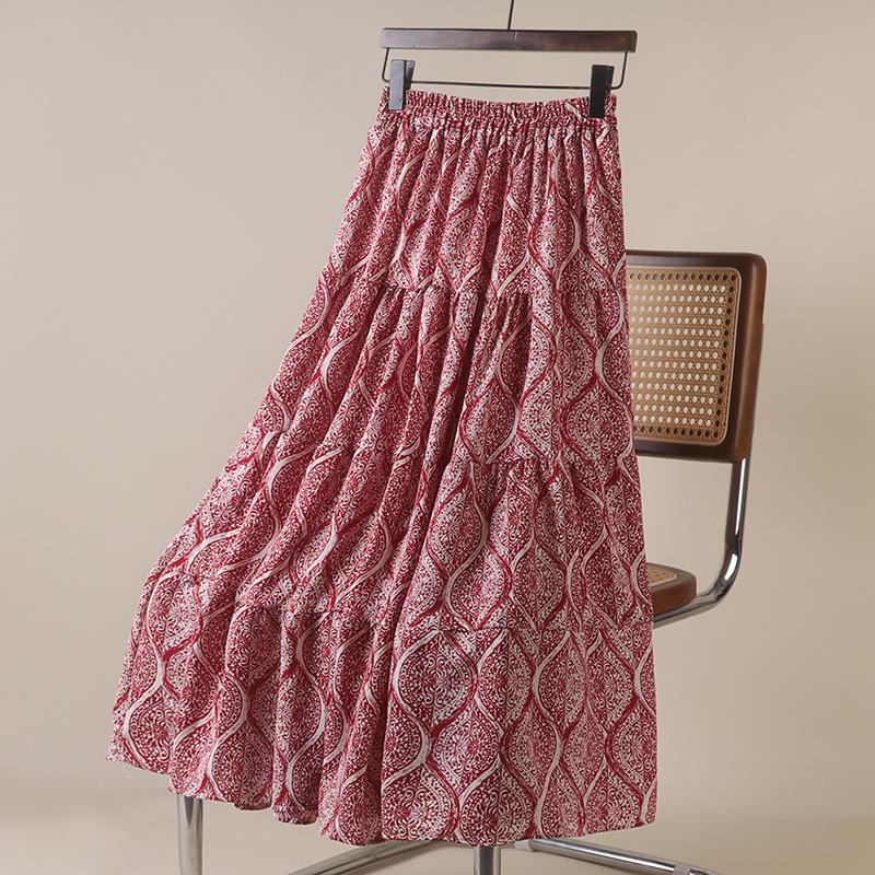 DX~~ French Retro Printing Stitching A-word Skirt Women's Summer New High-waist, Slim and Thin Big Swing Skirt