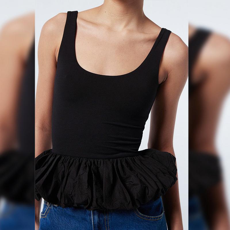 Square Neck Tank Tops For Women Sleeveless Backless Crop Top With Peplum Bubble Hem Summer Top Black White