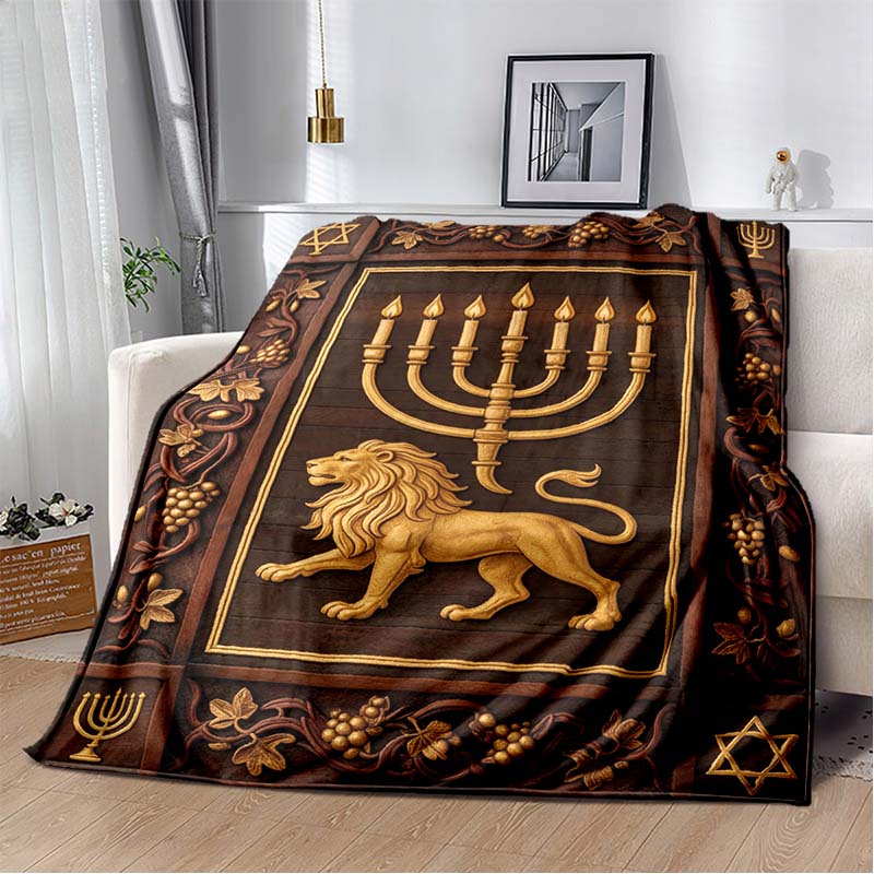 Golden Menorah Star David Red Floral Vintage Frame Black Print Soft Flannel Throw Blanket Sofa Bed Religious Holiday Warm Decor Cover