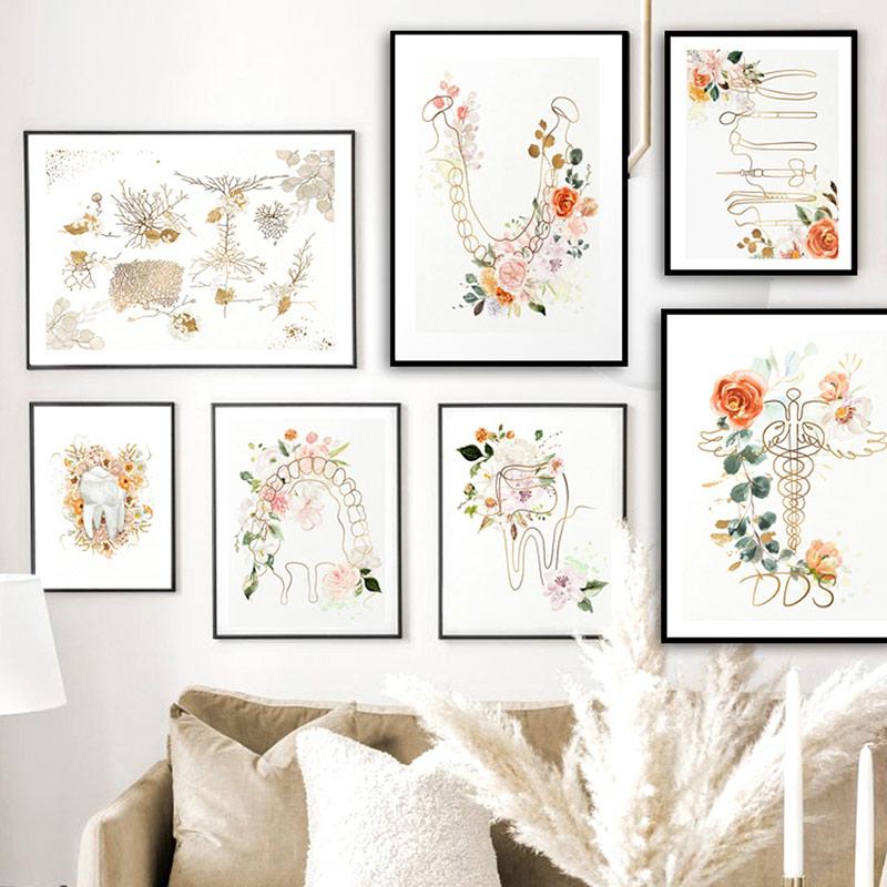 Abstract Medicine Dentist Teeth Heart Flower Vintage Wall Art Canvas Painting Nordic Style Posters And Prints Living Room Decor