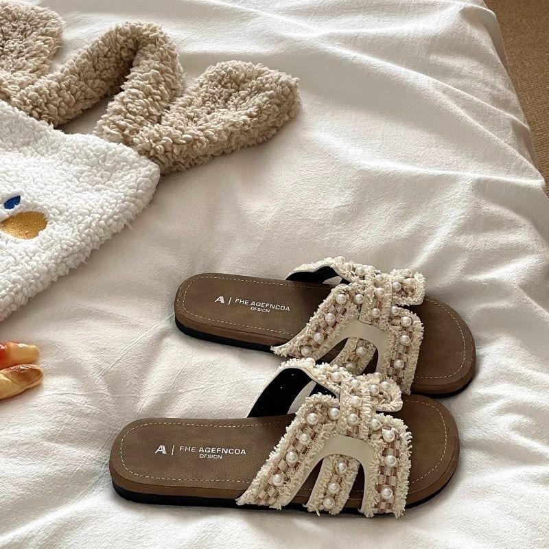 Ежедневные повседневные жемчужные французские ленивые holiday wind крутые шлепанцы женские носят односложные шлепанцы летом тренд