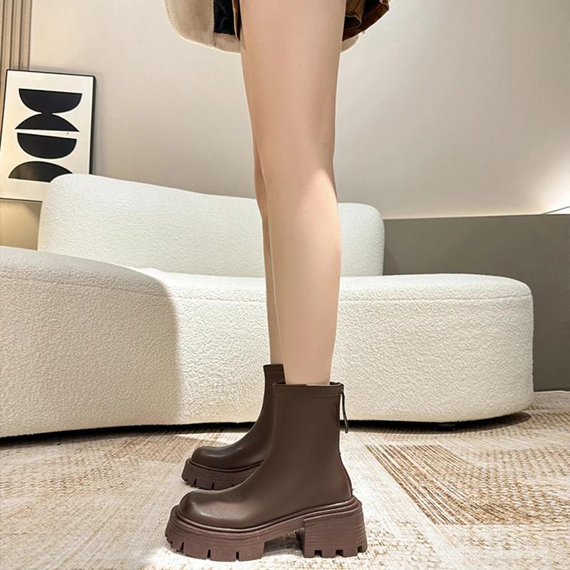 Винтажные зимние женские ботильоны на платформе, модные молнии сзади, толстый каблук, эластичные современные короткие ботильоны, лаконичная женская обувь