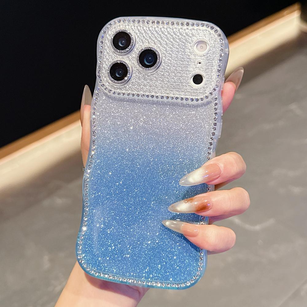 KEYSION Чехол для телефона с градиентом, блестками и стразами для iPhone 16 17 Pro Max Air 16 Plus, с волнистым краем, защитой камеры, противоударный