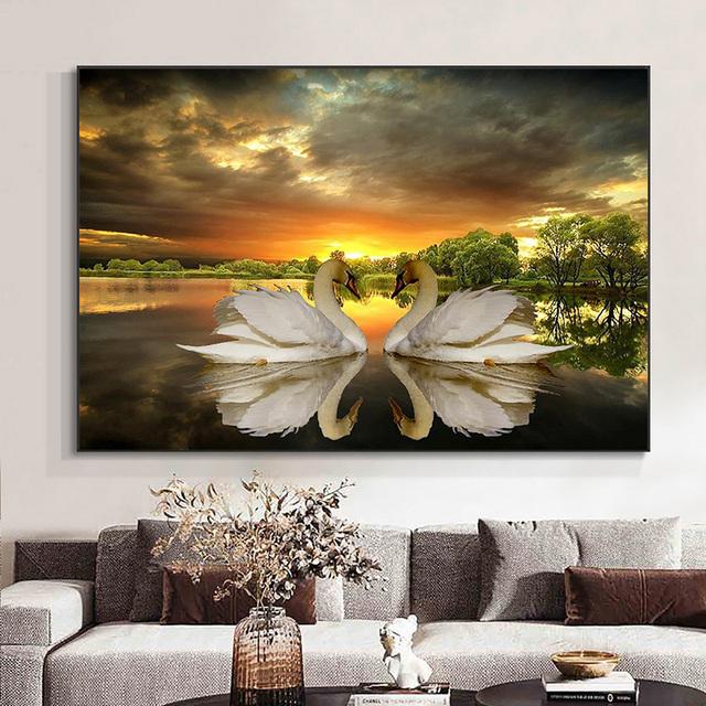 Животное Белый лебедь Любовь Синий в воде Крылья Холст Картины Плакаты и принты Настенные художественные фотографии Гостиная Домашний декор Без рамки