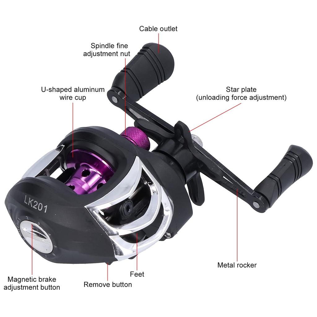 Колесо для рыбалки с магнитным тормозом, катушка для заброса приманки большой емкости, долгий срок службы, легкий вес, может использоваться для рыбалки (LK201 Черный и фиолетовый