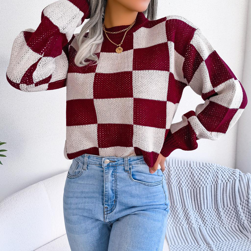 GMXIA Women's Fashion Casual Plaid Print Autumn Winter Long Sleeve Round Neck Loose Street-style Color Pullover Sweater
