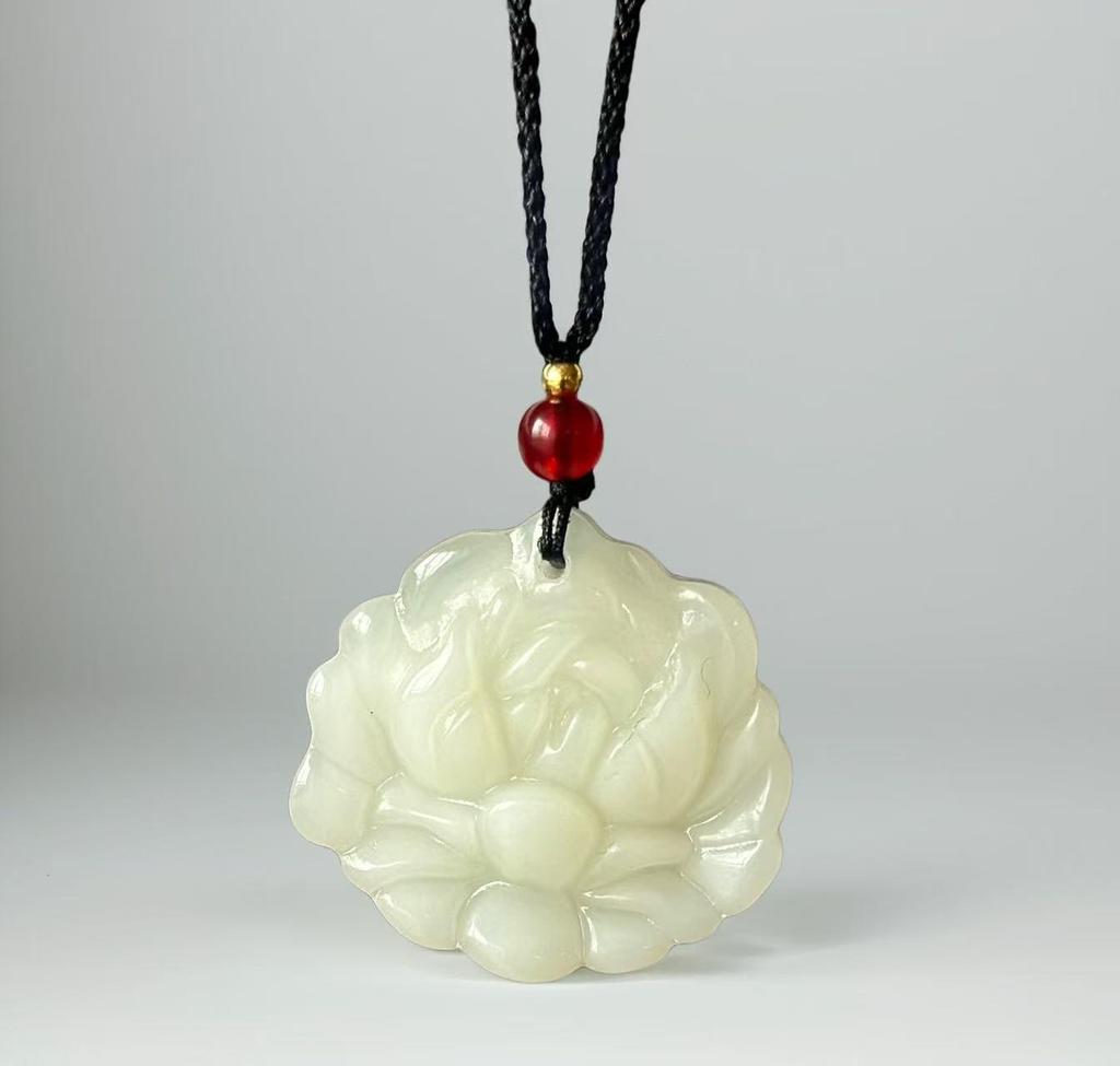 Imitation Hetian Jade Lotus Pendant Necklace for Women - White Jade Flower Blooming Wealth Design