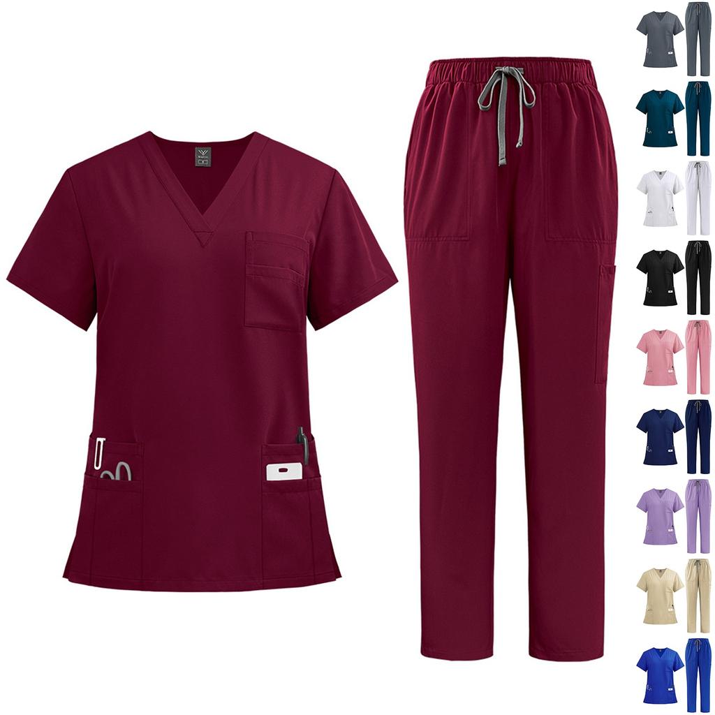 Women's Quick Drying Fabric Solid Color V-neck Pocket Short Sleeved Pants Set Workwear
