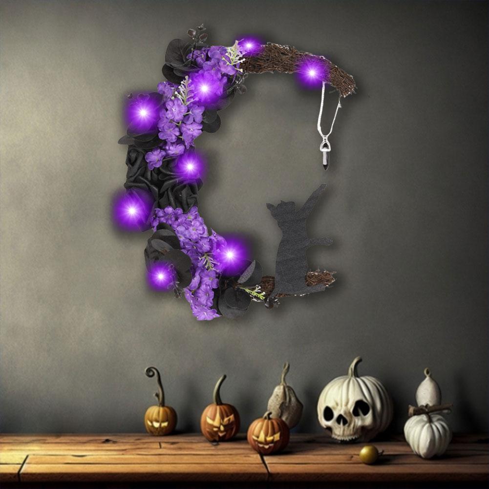 Handmade Artificial Moon Cat Garland Halloween Cat Door Wreath Halloween Door Wreath for Home Party Window Wall Indoor Outdoor