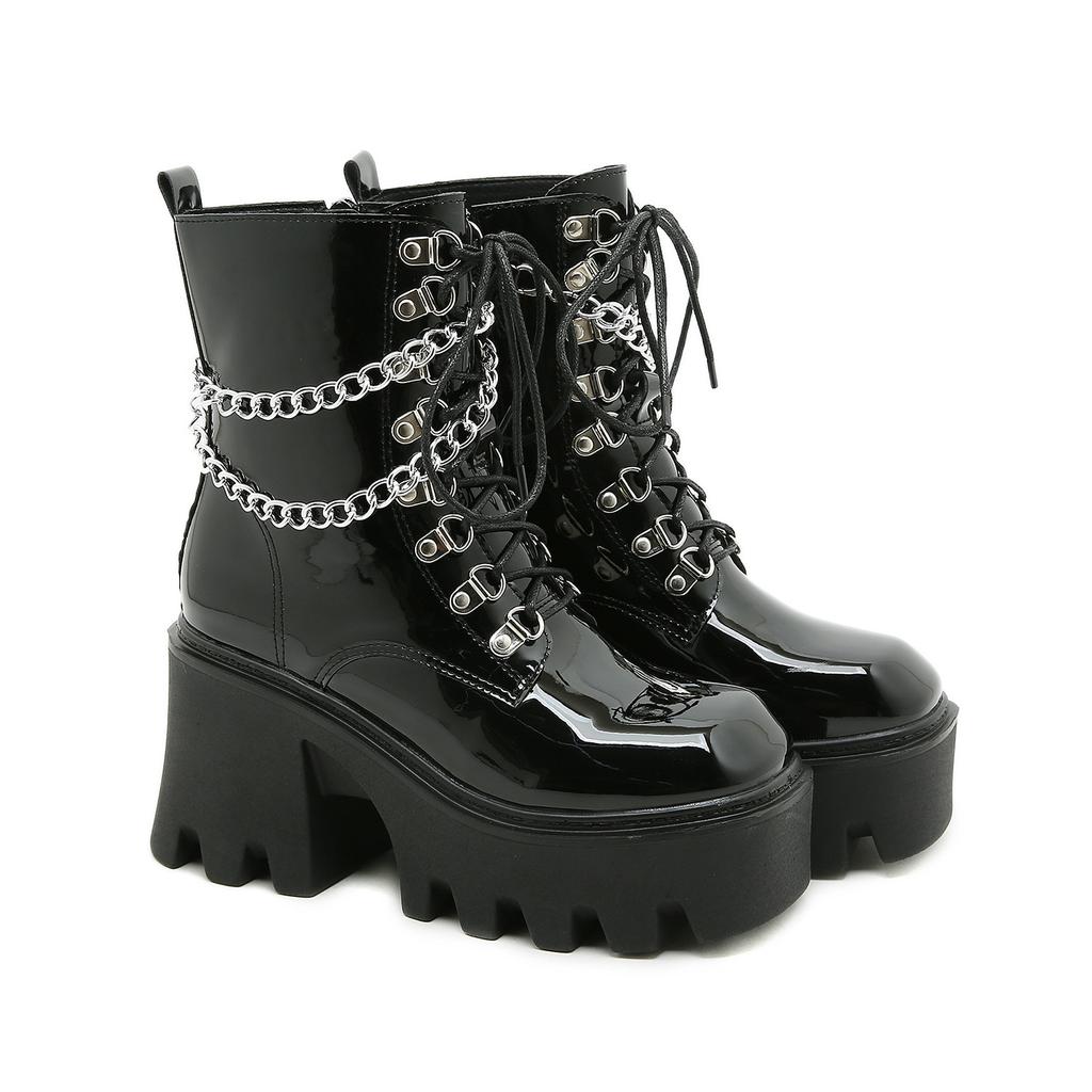 Черные готические женские туфли, осенние женские ботильоны на высоком каблуке, сексуальные лакированные кожаные сапоги в стиле панк с цепочкой для вечеринки Zipperrd5
