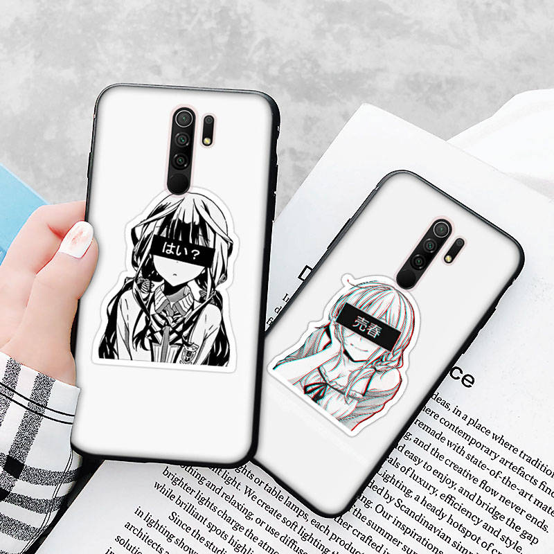Черный чехол для Xiaomi Redmi 13C Note 9 iPhone XR 7 8 14 15 11 12 13 X XS Pro Max Samsung A25 S23 S24 FE Ultra Plus наклейки Аниме Девушка