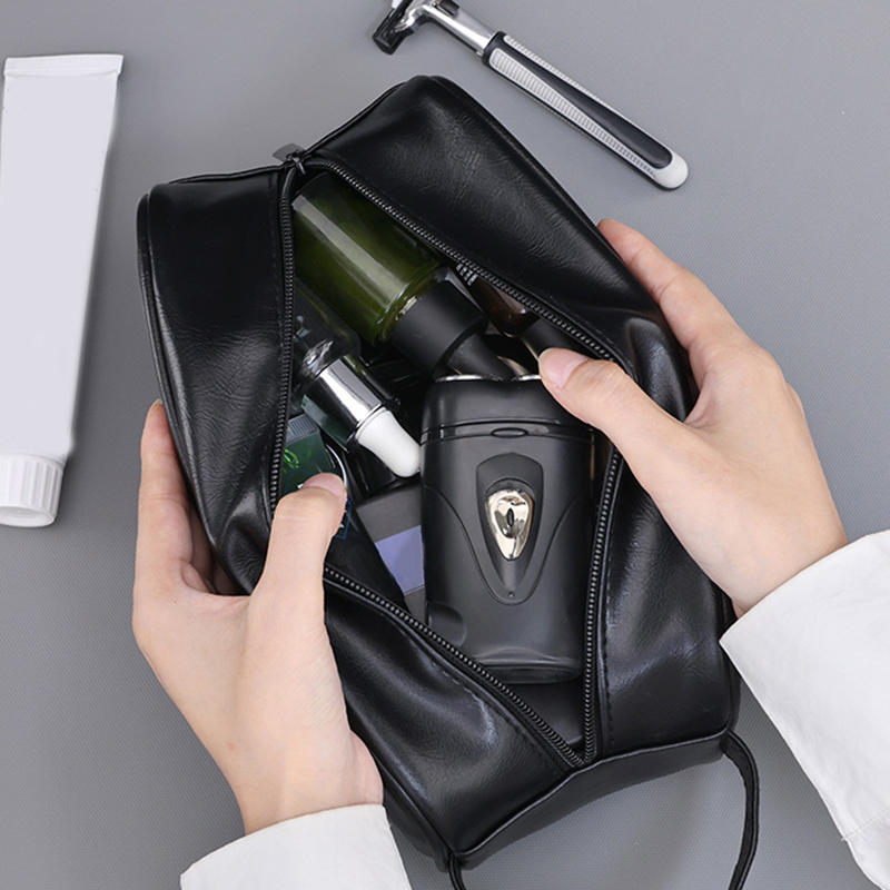Men PU Wash Bag Travel Business Trips Portable Cosmetic Bag Large Capacity Multi Pocket Design Handheld Wash Bag