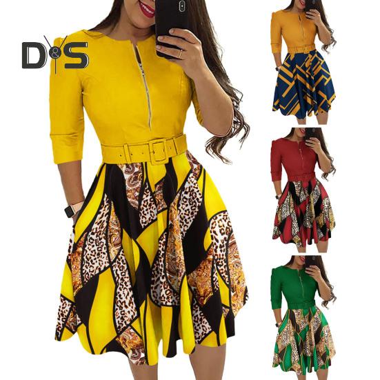 Ladies Dress Zipper Decor Belted Tight Waist Color Matching Print Round Neck Pockets Three Quarter Sleeve A Line Loose Hem Spring Fall Mini Dress
