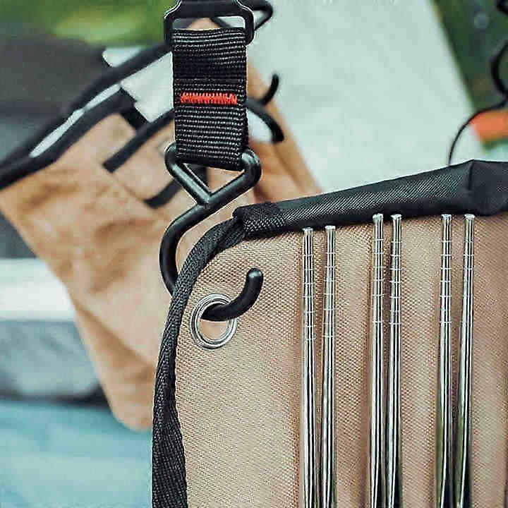 Portable Camping Utensil Storage Bag, Roll Up Cutlery Organizer Pouch with Hanging Hooks, Outdoor Travel Cookware Bag for Picnic BBQ Hiking, Khaki (Ba