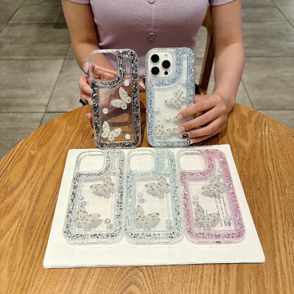 For iPhone 16 Pro Case with Case with Pearl Butterfly Decor Glitter Rhinestone Epoxy Design TPU Phone Cover