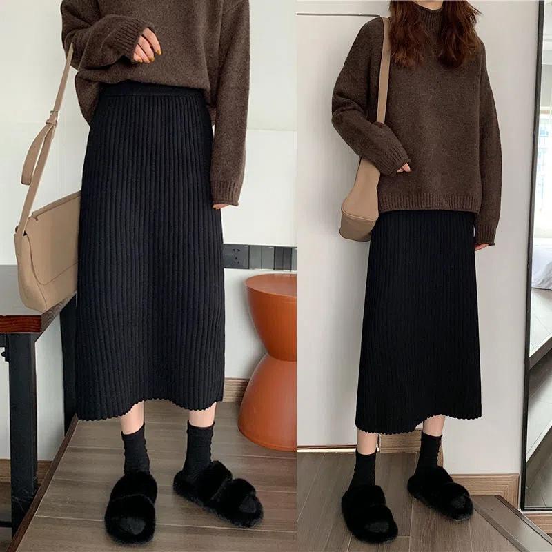 Женские юбки Осень и зима без разрезов Трикотажные юбки средней длины с высокой талией Тонкая юбка трапециевидной формы