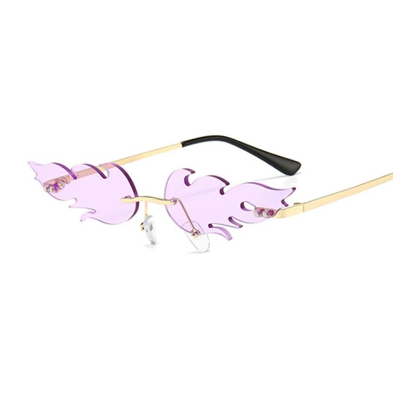 Fashion Style Oval Fire Flame Sun Glasses Woman Metal Material Rimless Sun Eyeglasses Female Small Glasses Frame Ocean Mirror Luxury Design Oculos
