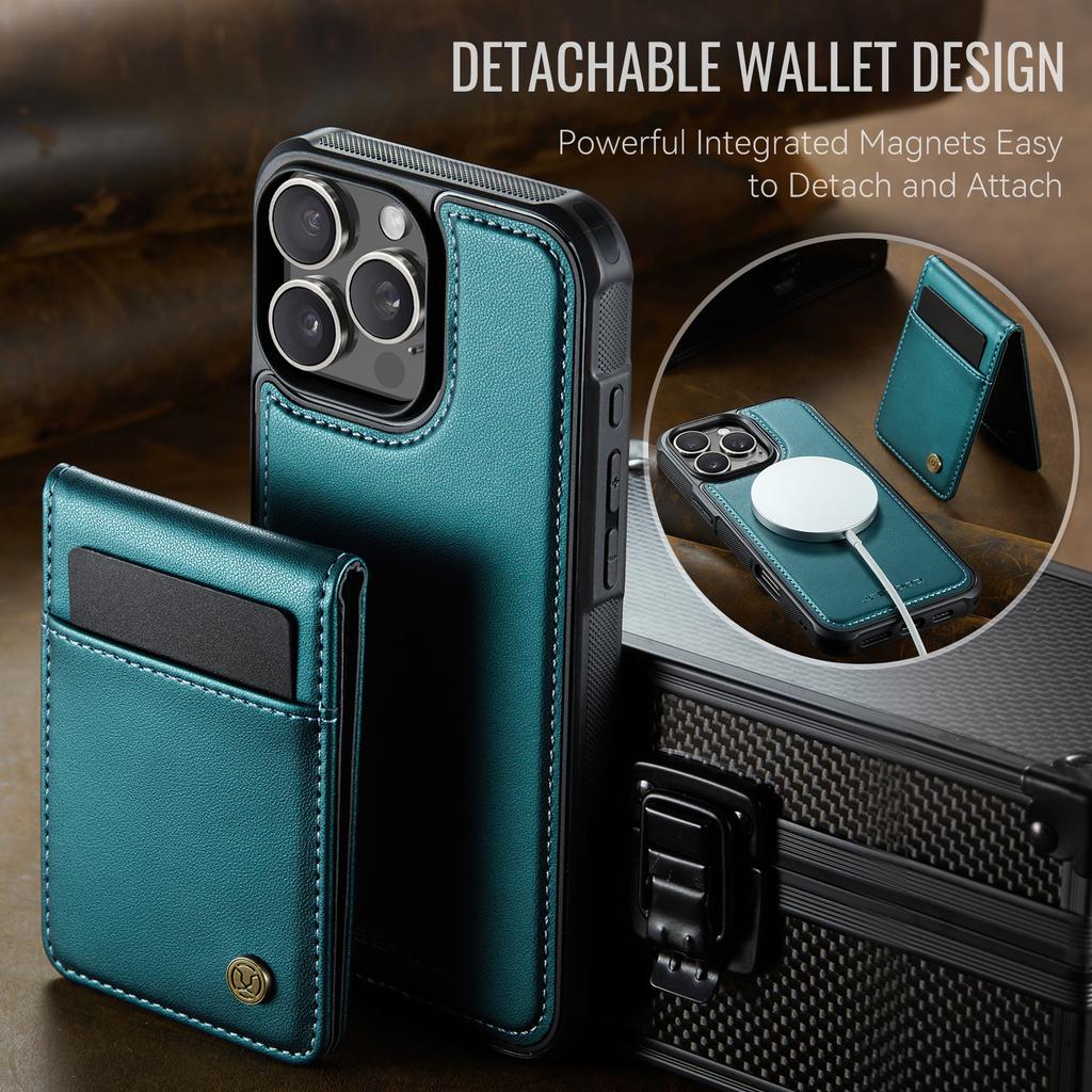 For iPhone 15 Pro Max Leather Back Cover Compatible with MagSafe JEEHOOD J06 Phone Case with Card Bag RFID Blocking