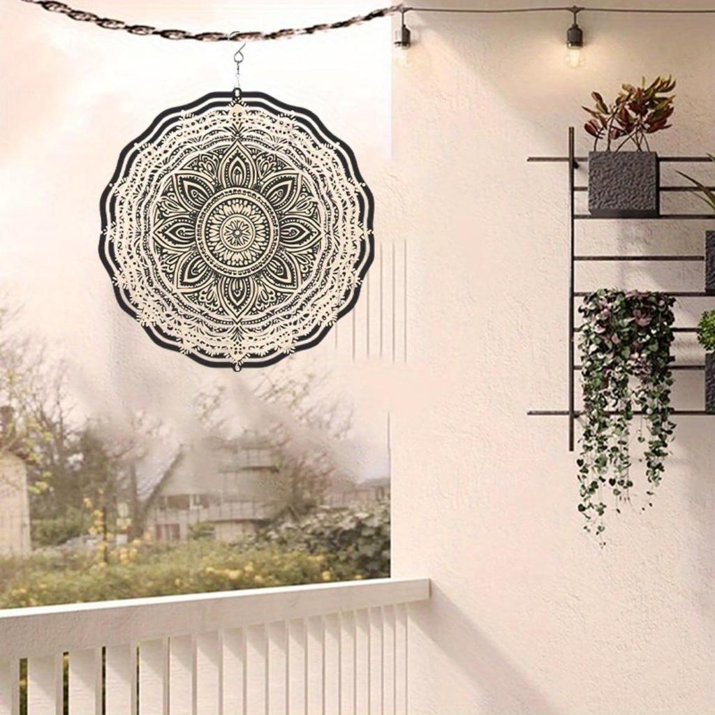 Mandala Metal Wind Spinner Garden Decor Outdoor Indoor Hanging Ornament Black Gold Accents Holiday Gift for Home Yard Detailed Design