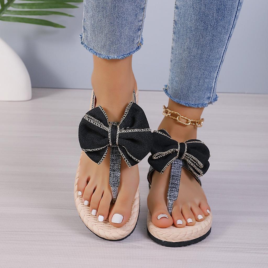 Женские сандалии-стринги с широким подъемом и бантом - Шлепанцы на подошве из джутовой веревки для лета, Модные богемные шлепанцы